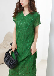 Loose Green V Neck Hollow Out Lace Dress Summer