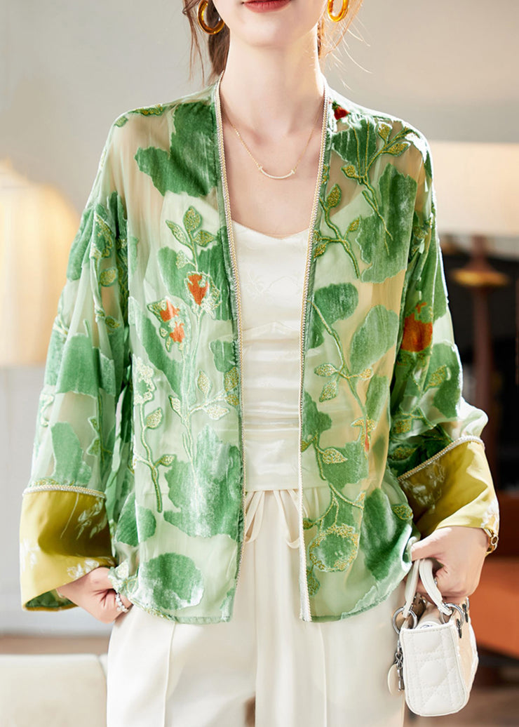 Loose Green V Neck Patchwork Silk Velvet Cardigan Long Sleeve