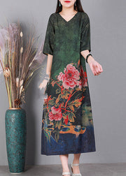 Loose Green V Neck Print Silk Dresses Half Sleeve