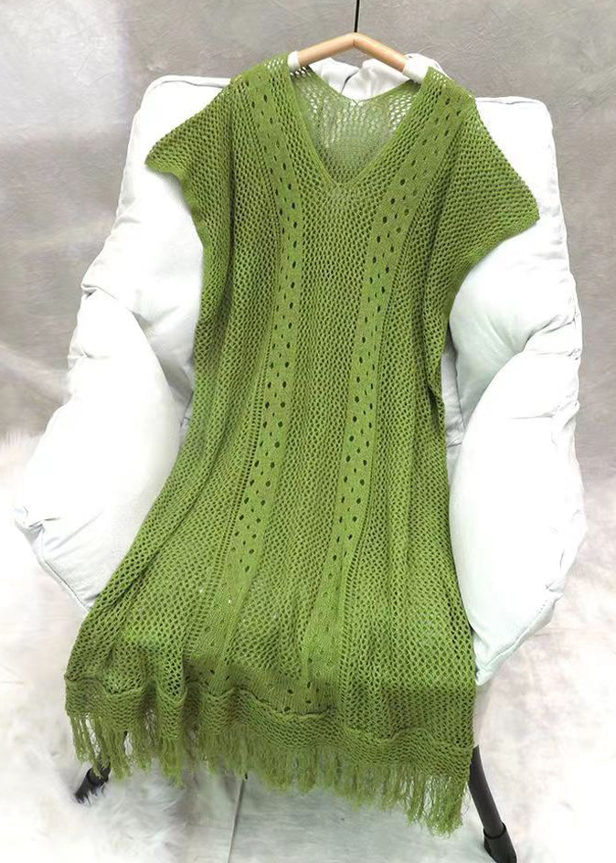 Loose Green V Neck Tasseled Hollow Out Knit Dress Summer