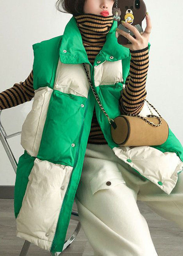 Loose Green Zip Up Patchwork Fine Cotton Filled Winter Vests