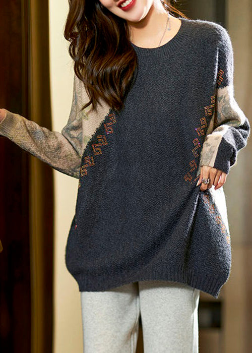 Loose Green Zircon Patchwork Knit Sweater Long Sleeve