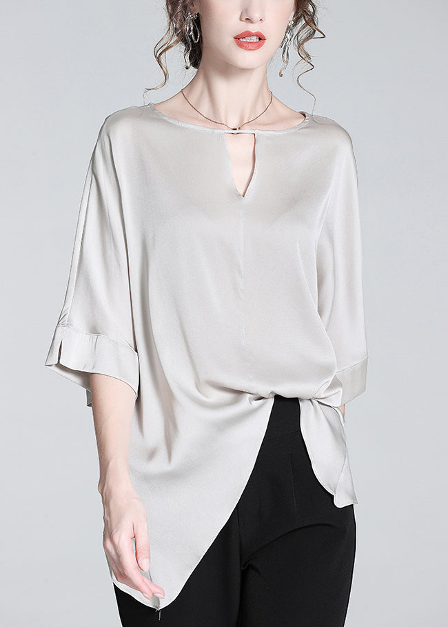 Loose Grey Asymmetrical Hollow Out Silk Tops Half Sleeve