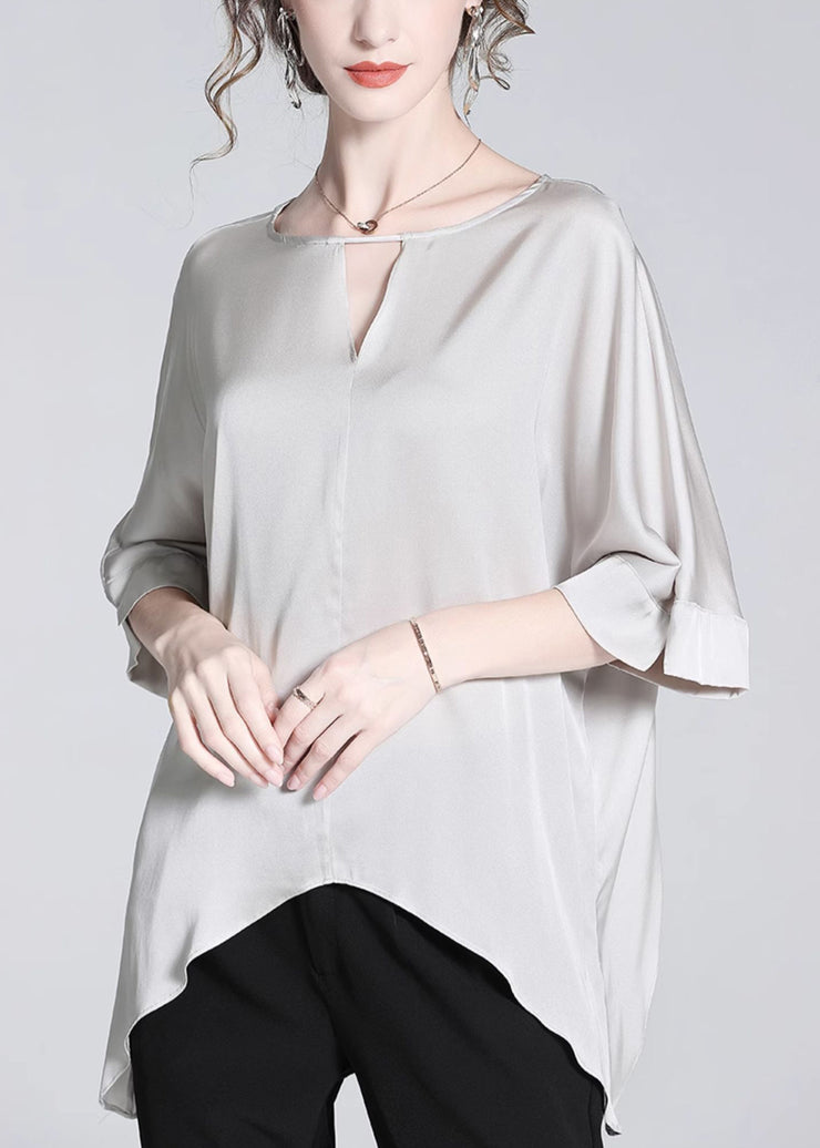 Loose Grey Asymmetrical Hollow Out Silk Tops Half Sleeve