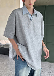 Loose Grey Button False Two Pieces Cotton Mens Polo Shirts Half Sleeve