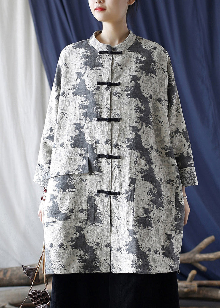 Loose Grey Button Print Pockets Cotton Coats Long Sleeve