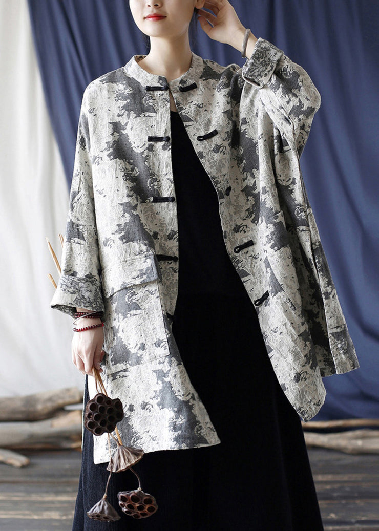 Loose Grey Button Print Pockets Cotton Coats Long Sleeve