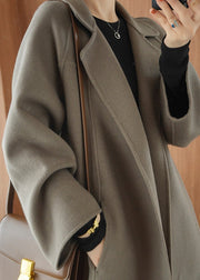 Loose Grey Chocolate Colour Notched Tie Waist Woolen Long Coats Fall