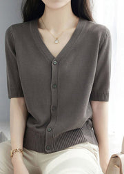 Loose Grey Coffee V Neck Button Ice Silk Knit Shirts Short Sleeve