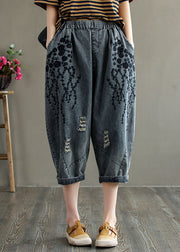 Loose Grey Elastic Waist Embroideried Hole Cotton Harem Pants Summer