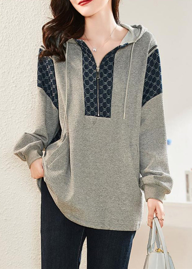 Loose Grey Hooded Pockets Patchwork Cotton Sweatshirt Long Sleeve