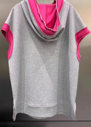 Loose Grey Hooded Pockets Side Open Patchwork Cotton Sweatshirt Summer