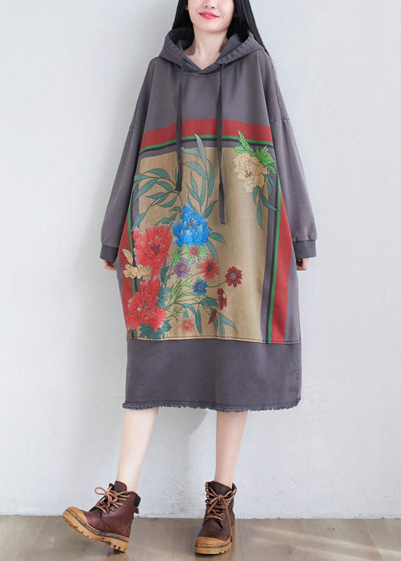 Loose Grey Hooded Print Cotton Maxi Dresses Spring