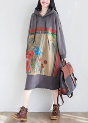 Loose Grey Hooded Print Cotton Maxi Dresses Spring