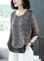 Loose Grey O Neck Chiffon Patchwork Top Bracelet Sleeve