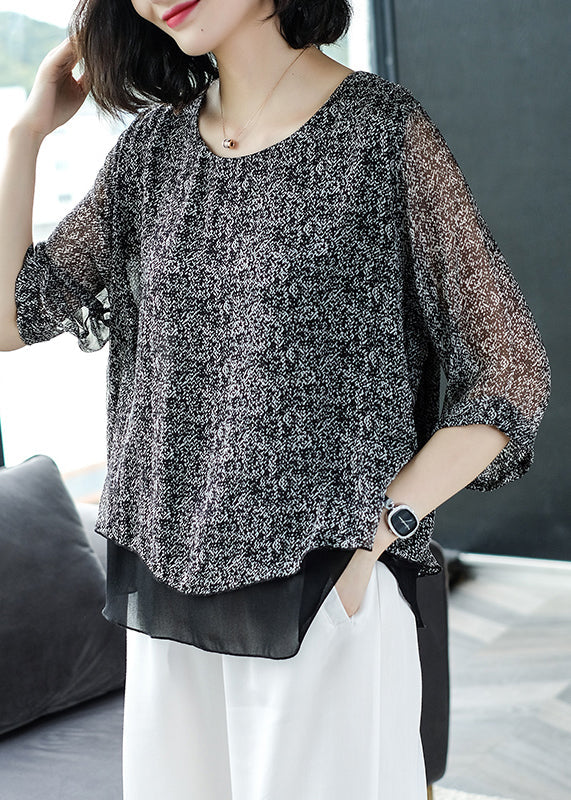 Loose Grey O Neck Chiffon Patchwork Top Bracelet Sleeve