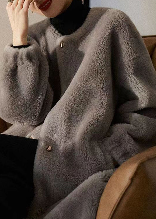 Loose Grey O Neck Pockets Patchwork Wool Coats Winter