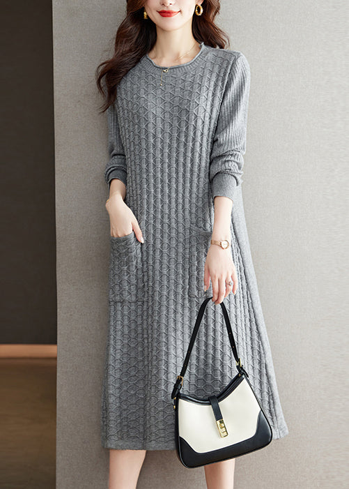 Loose Grey O Neck Pockets Patchwork Woolen Dress Fall