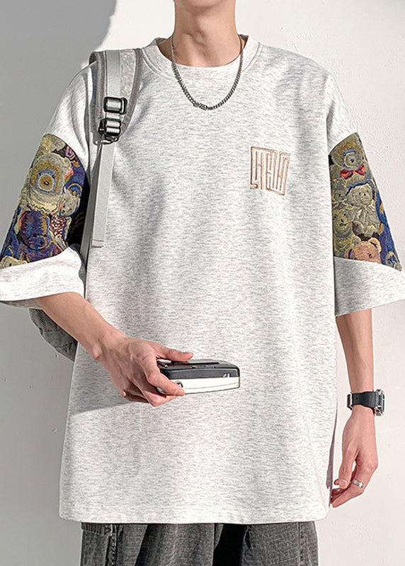 Loose Grey O-Neck Print Men T Shirts Summer