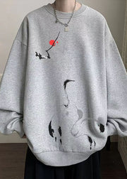 Loose Grey O Neck Print Warm Fleece Men Sweatshirt Winter