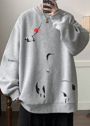 Loose Grey O Neck Print Warm Fleece Men Sweatshirt Winter