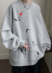 Loose Grey O Neck Print Warm Fleece Men Sweatshirt Winter