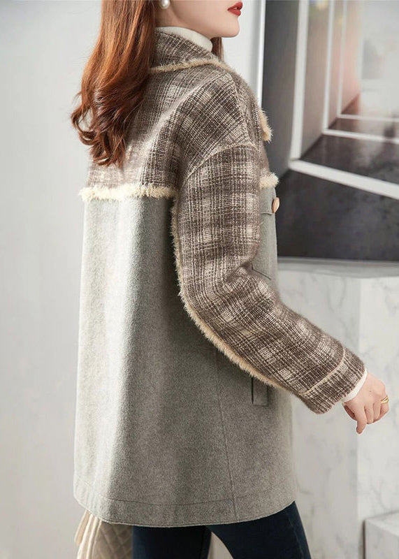 Loose Grey Peter Pan Collar Button Pockets Woolen Coat Winter