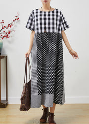 Loose Grey Plaid Patchwork Cotton Long Dress Summer