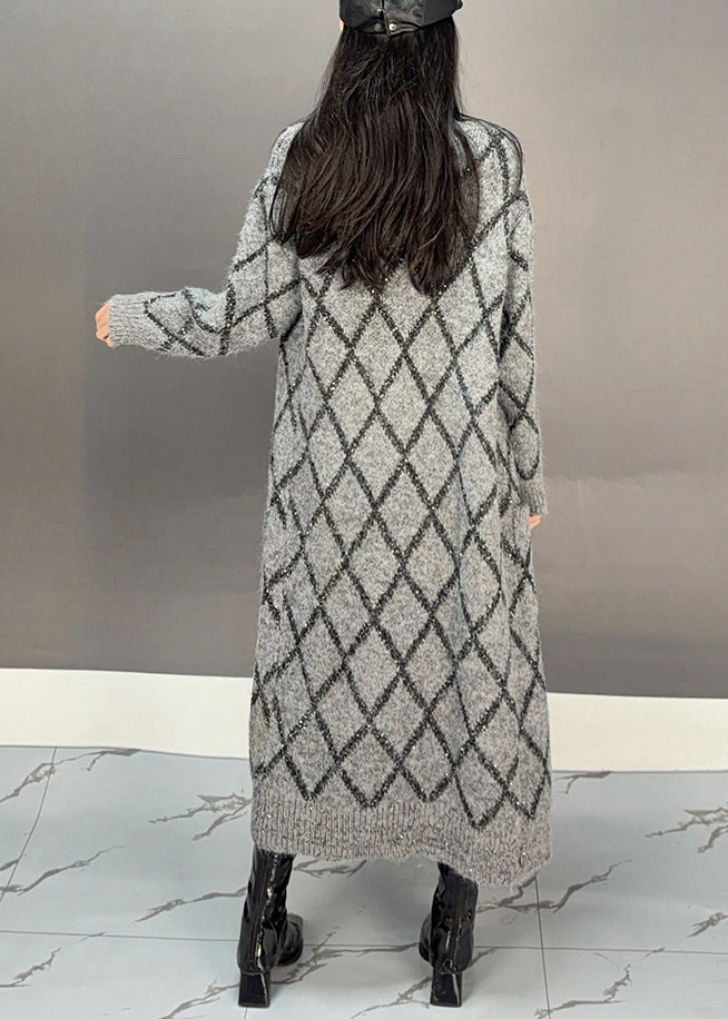 Loose Grey Plaid Pockets Cotton Knit Loose Cardigan Winter