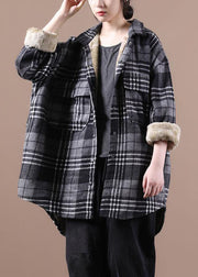 Loose Grey Pockets Plaid Thick Warm Fleece Shirt Coats Winter