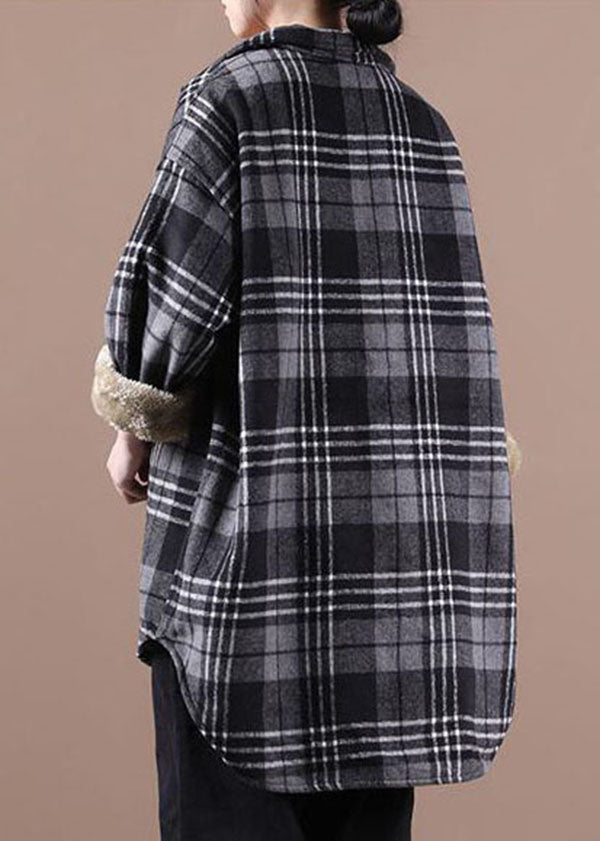 Loose Grey Pockets Plaid Thick Warm Fleece Shirt Coats Winter