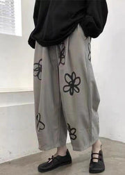 Loose Grey Pockets Print High Waist Cotton Crop Pants Spring