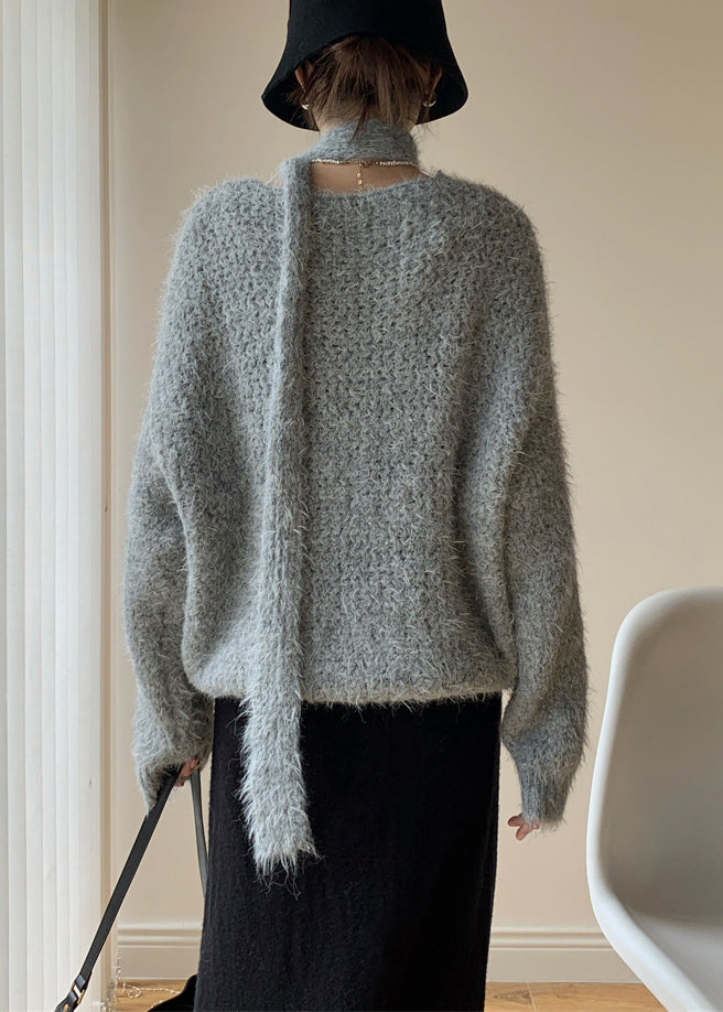 Loose Grey Scarf Hollow Out Cotton Knit Sweaters Winter