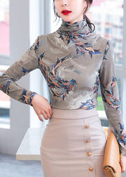 Loose Grey Turtleneck Print Warm Fleece Thick Top Bottoming Shirt