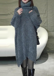 Loose Grey Turtleneck Solid Cozy Knit Sweater Dress Winter