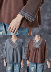 Loose Grey V Neck Patchwork Cotton Blouses Fall