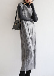 Loose Grey V Neck Patchwork Knit Long Dressess Sleeveless