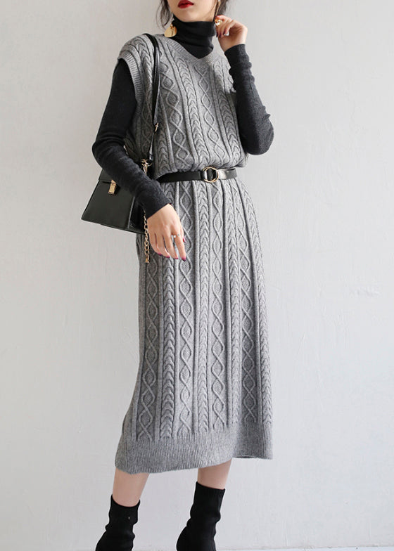 Loose Grey V Neck Patchwork Knit Long Dressess Sleeveless