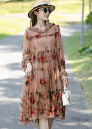 Loose Khaki Embroideried Patchwork Ruffled Silk Hooded Dress Spring