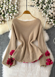 Loose Khaki Floral Patchwork Knit Pullover Sweater Flare Sleeve