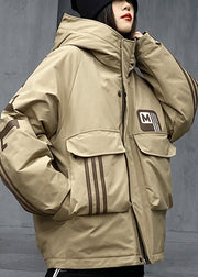 Loose Khaki Hooded Pockets Patchwork Duck Down Coat Winter