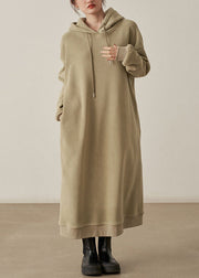 Loose Khaki Hooded Pockets  Woolen Long Dresses Fall