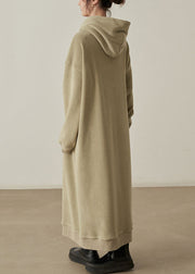 Loose Khaki Hooded Pockets  Woolen Long Dresses Fall