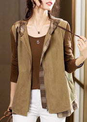 Loose Brown Hooded Zippered Patchwork Corduroy Waistcoat Sleeveless