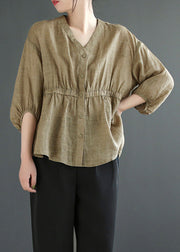 Loose Khaki Low High Design Patchwork Linen Top Summer