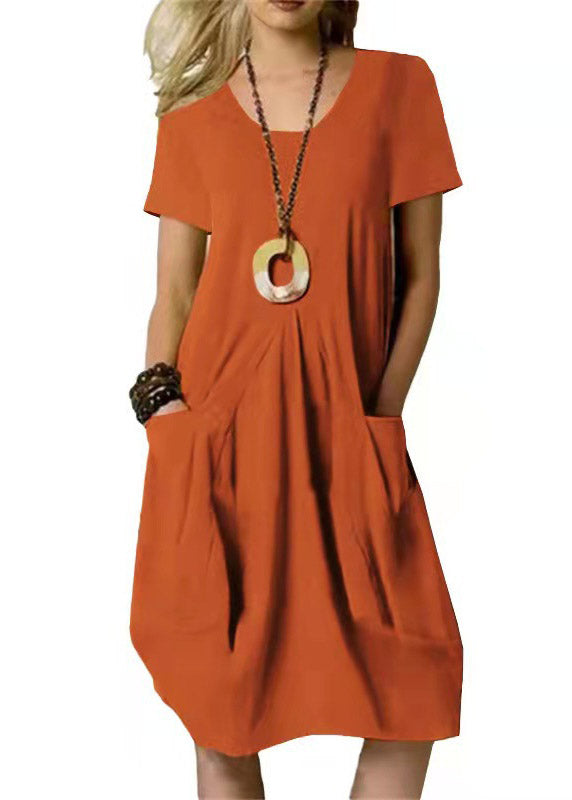 Loose Khaki O-Neck Wrinkled Solid Linen Long Dresses Short Sleeve