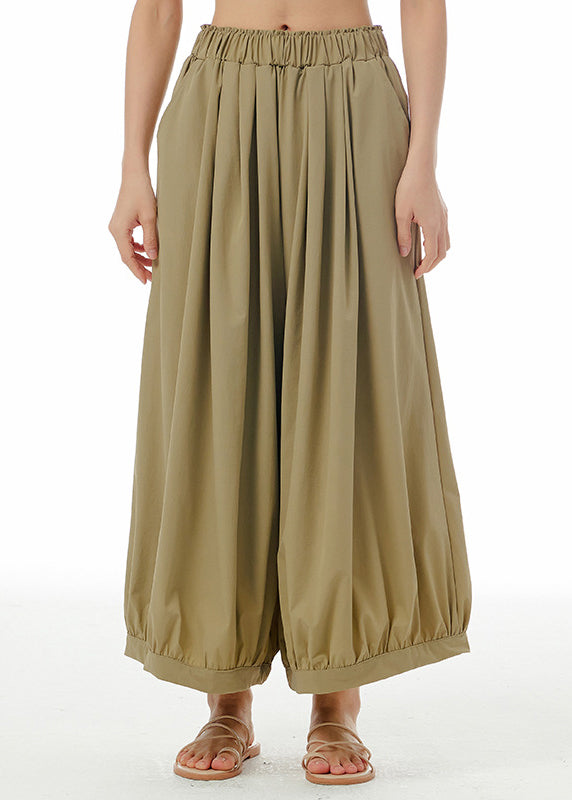 Loose Khaki Patchwork Elastic Waist Wide Leg Pants Summer