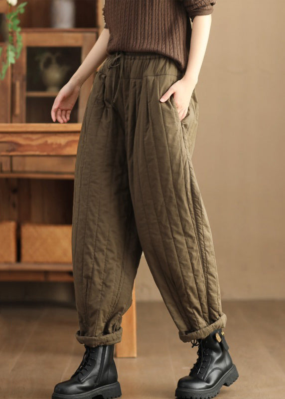 Loose Khaki Pockets Elastic Waist Cotton Filled Crop Pants Winter