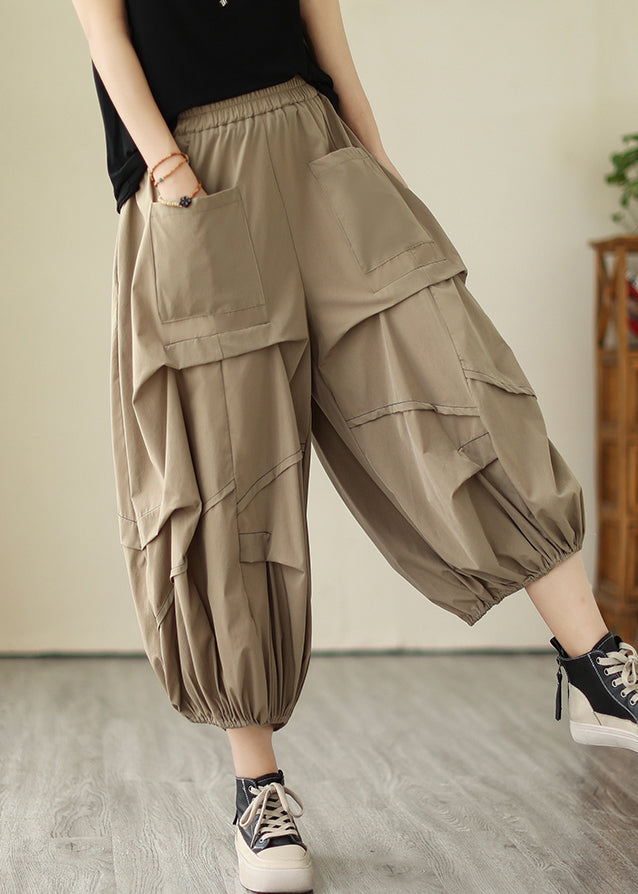 Loose Khaki Pockets Elastic Waist Cotton Lantern Pants Summer