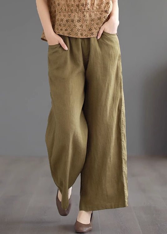 Loose Khaki Pockets Elastic Waist Linen Wide Leg Pants Summer